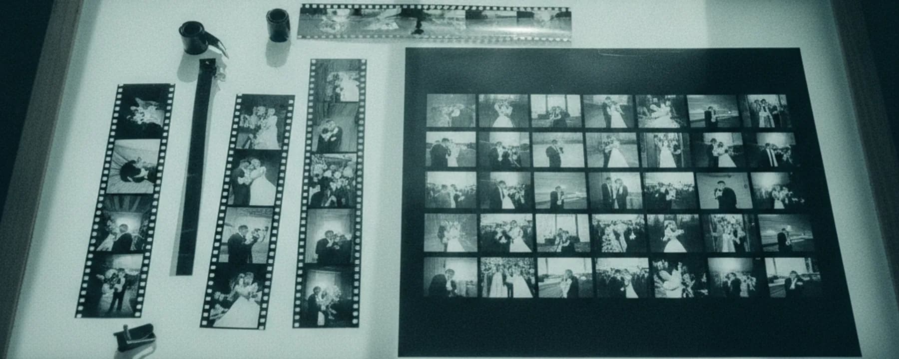 Mittelformat-Filmnegative auf einem Leuchttisch ausgebreitet