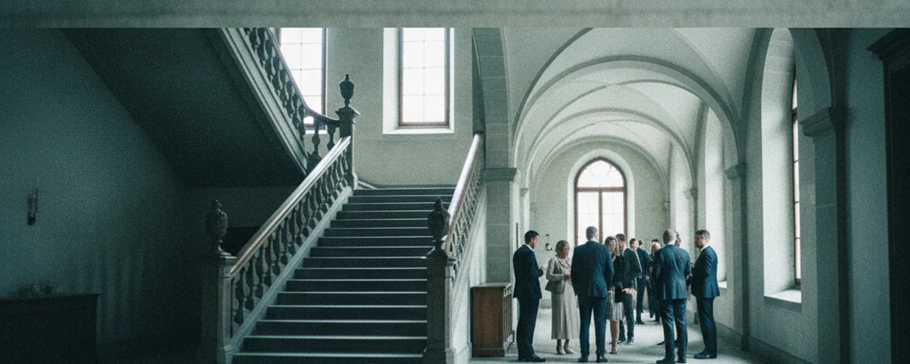 Gäste warten in einem historischen Treppenhaus vor der Trauung