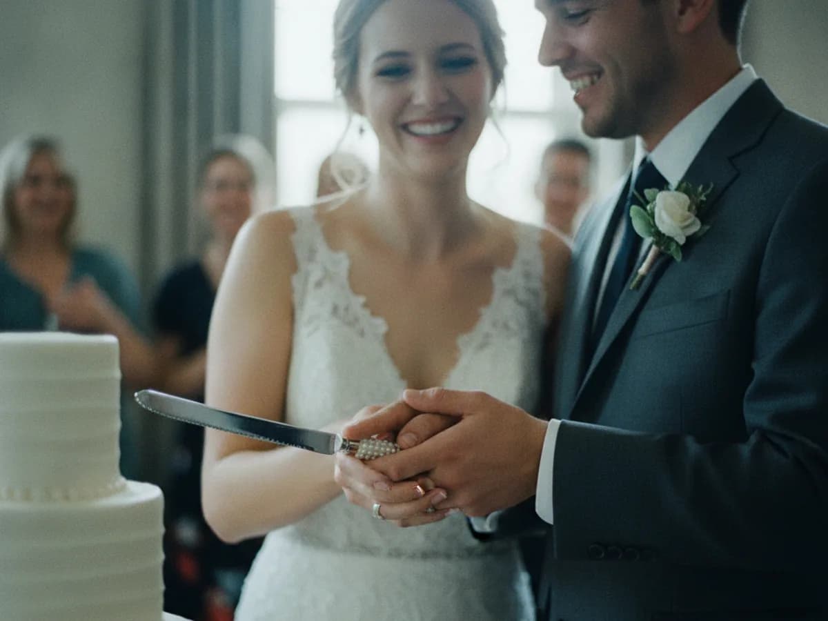 Brautpaar schneidet die Hochzeitstorte an, Gäste im Hintergrund
