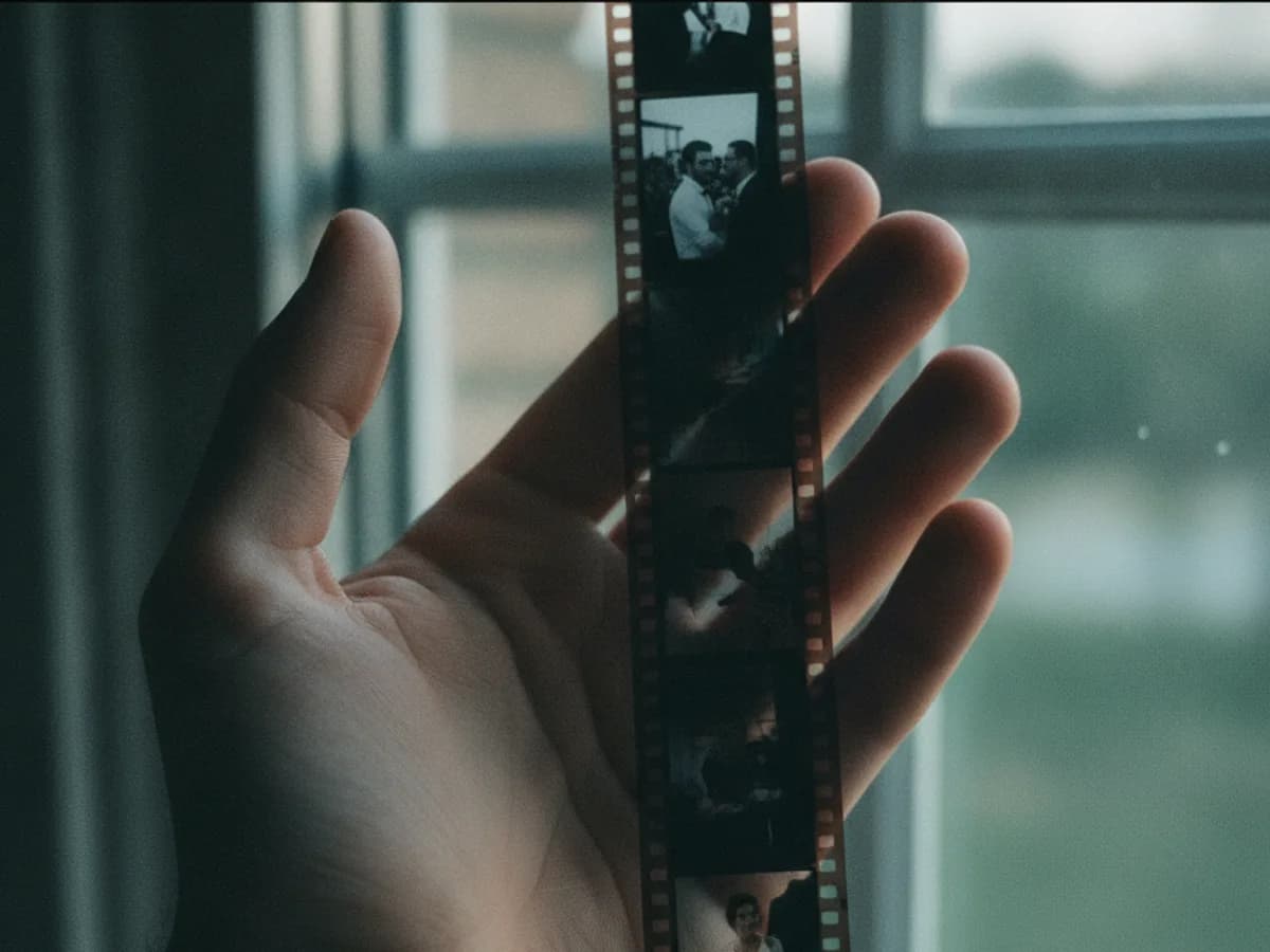 Hand hält entwickelte Filmnegative gegen das Licht